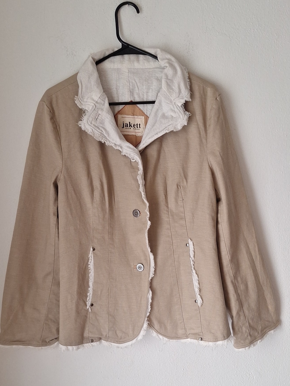 Jakett New York Taupe Leather Cotton Jacket, Blazer with White Frayed Trim Sz L
